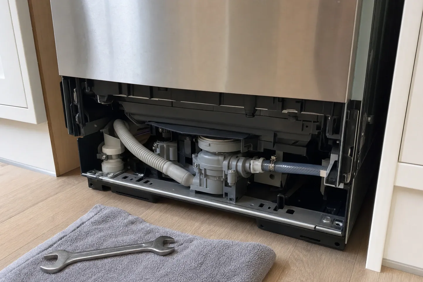Dishwasher with the toe-kick panel removed, drain pump and hoses exposed above a spanner on a towel