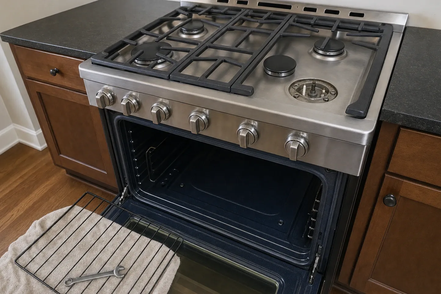 Gas range with one burner cap and grate lifted away, exposing the burner base and igniter beside the open oven