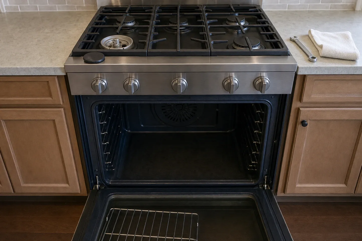 Stainless rangetop above an open oven cavity, one burner base exposed with its cap set aside on the cooktop
